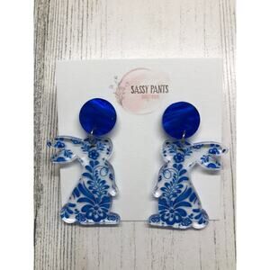 Cute Blue Toile Bunny Rabbit Easter Earrings New